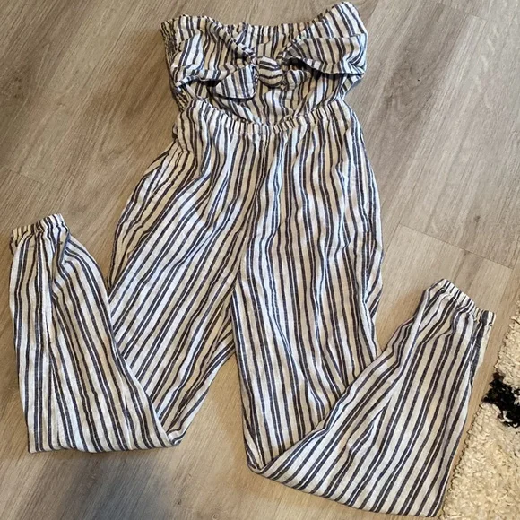 Aerie strapless jumpsuit blue white stripe bandeau jogger tie front jumpsuit - Picture 4 of 6